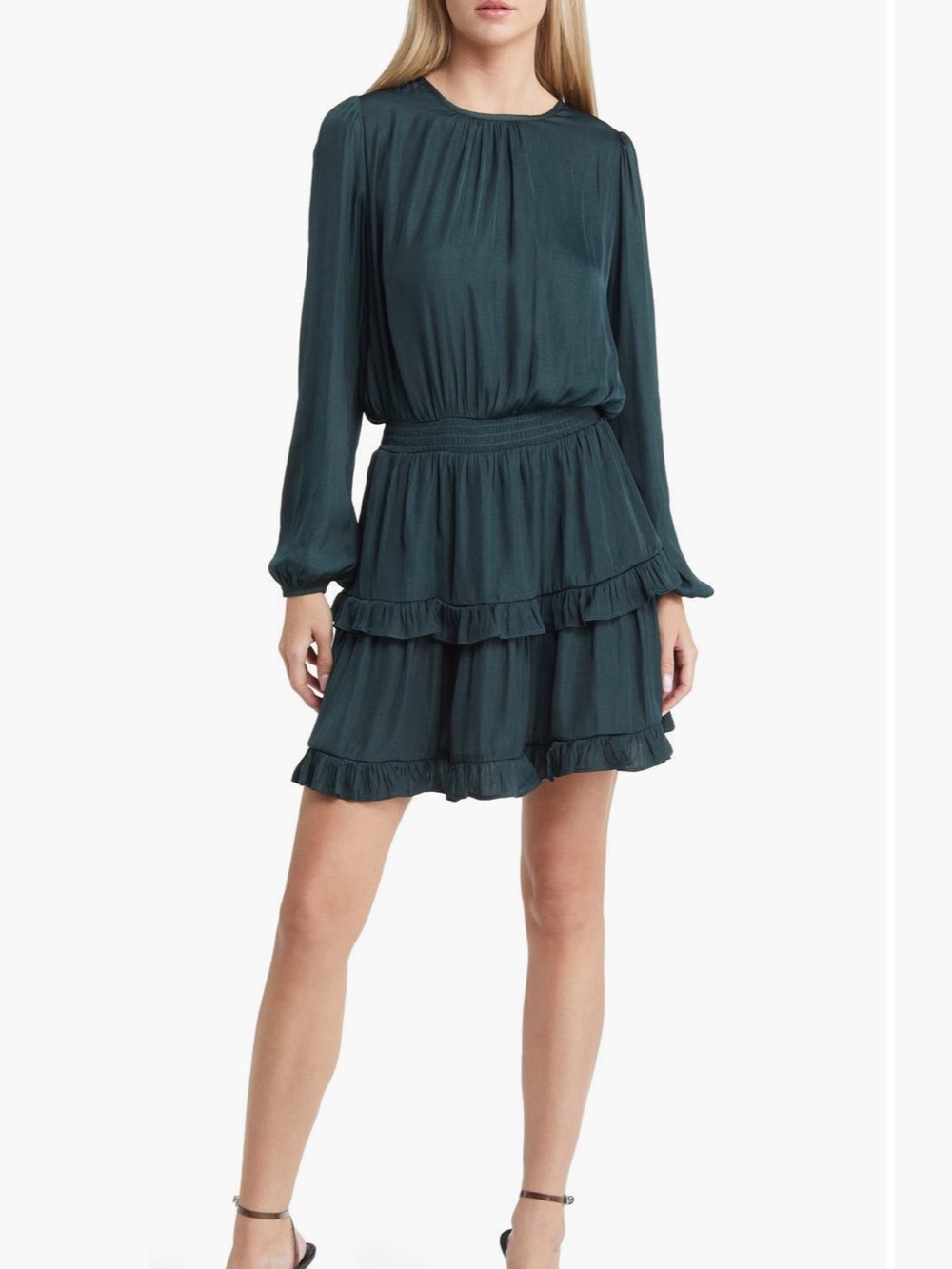 Socialite Smocked Tiered Long Sleeve Satin Dress